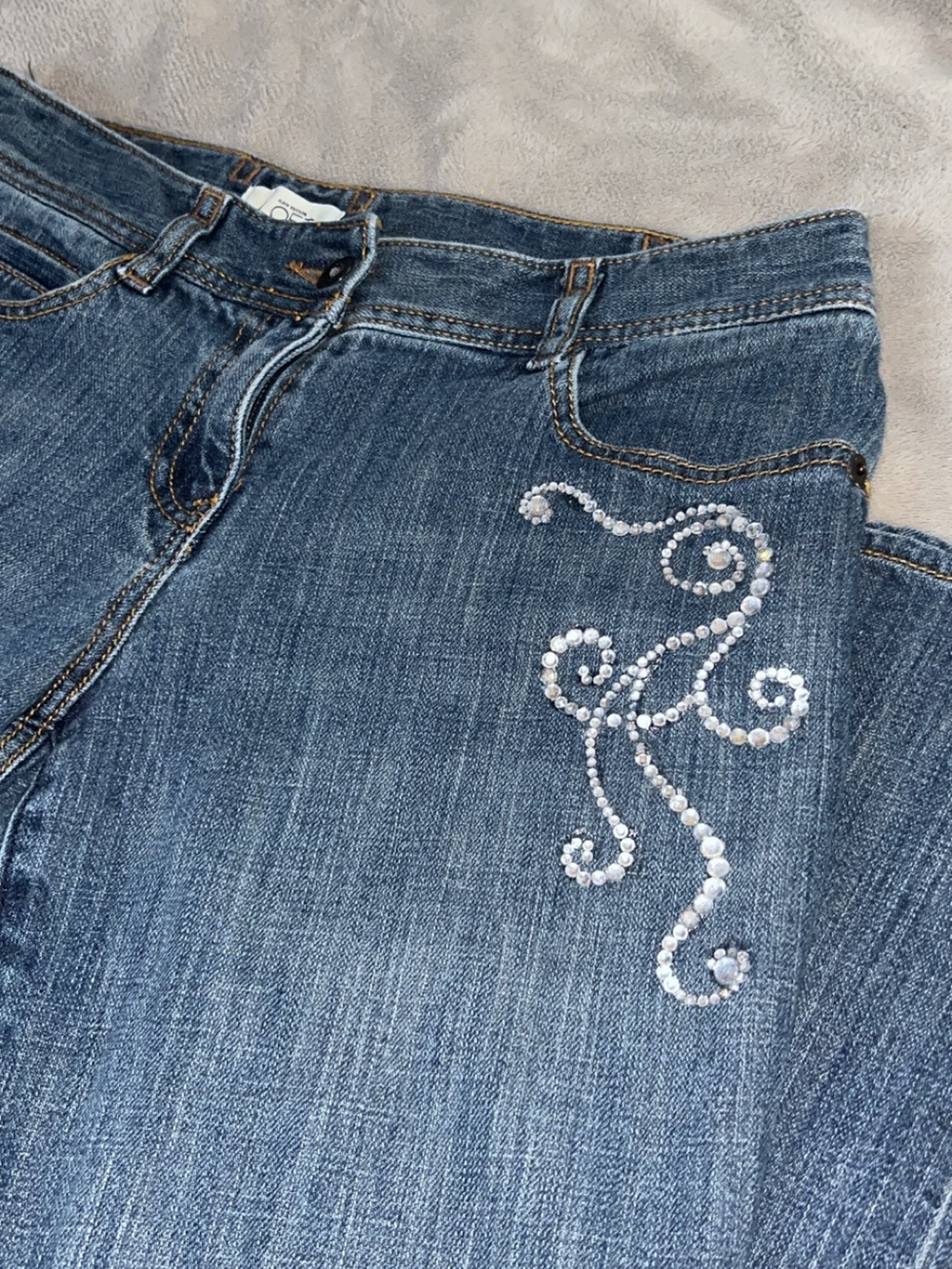 LOFT Blue Straight Leg Jeans with Rhinestone Swirl